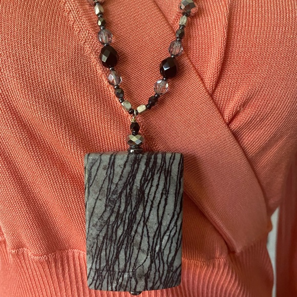 Black Lined Jasper Stone Necklace with Black and Metallic Beads - Picture 1 of 8